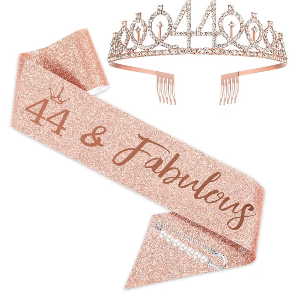 44th Birthday Party Sash and Rhinestone Tiara for Woman Rose Gold Pink Night out